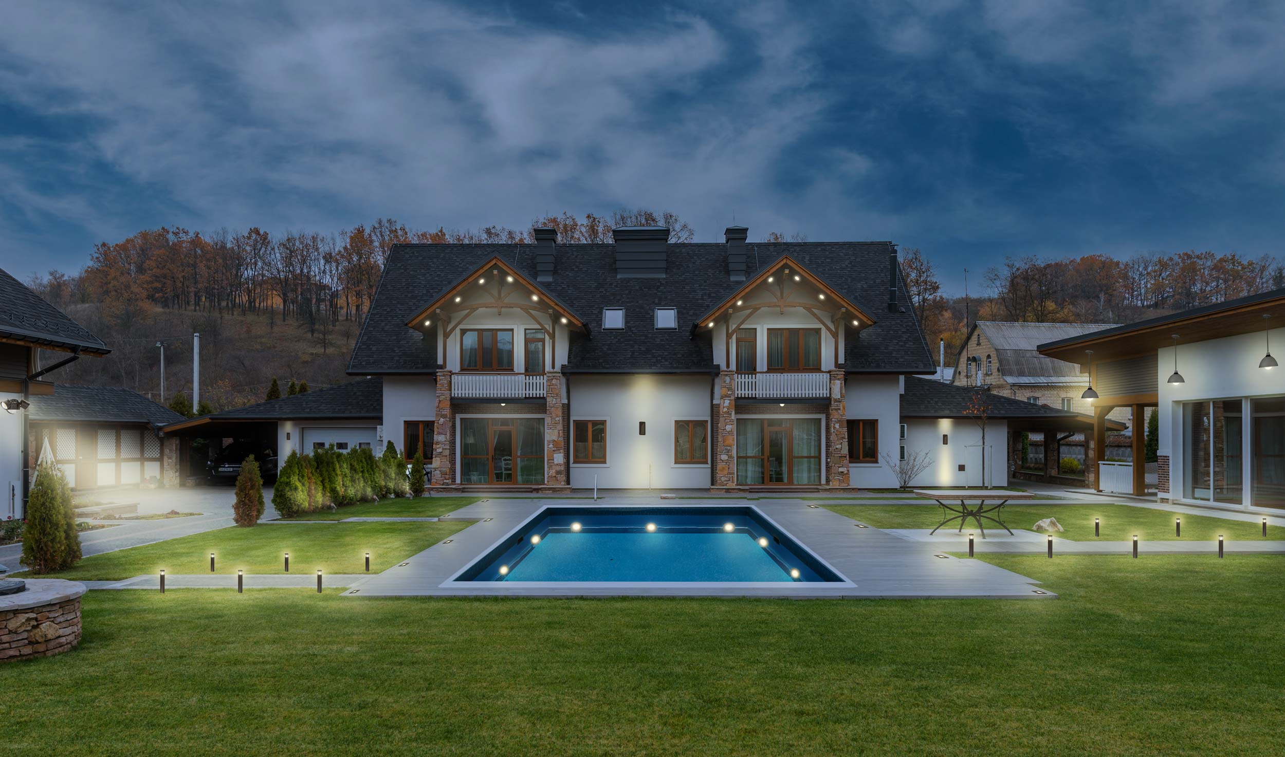 home at dusk with lighting