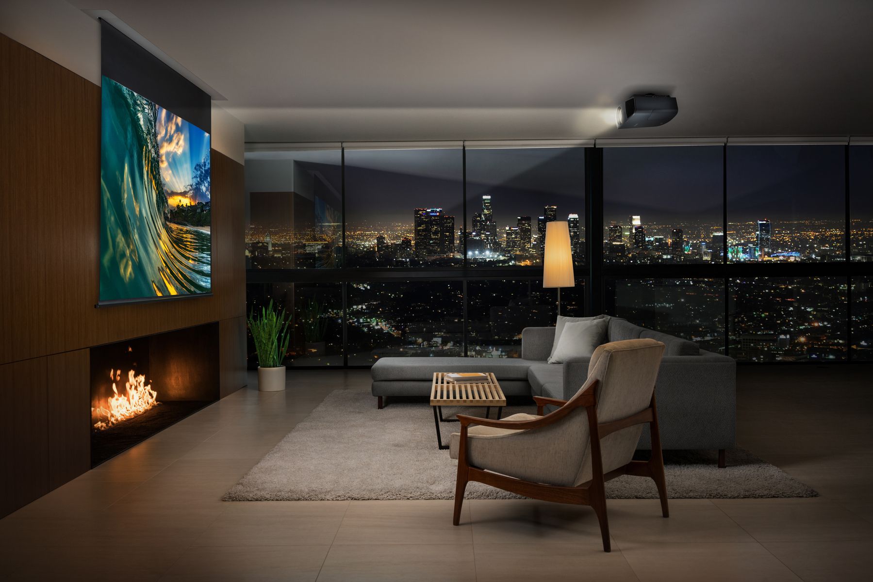 Sony projector on ceiling with city view out the windows