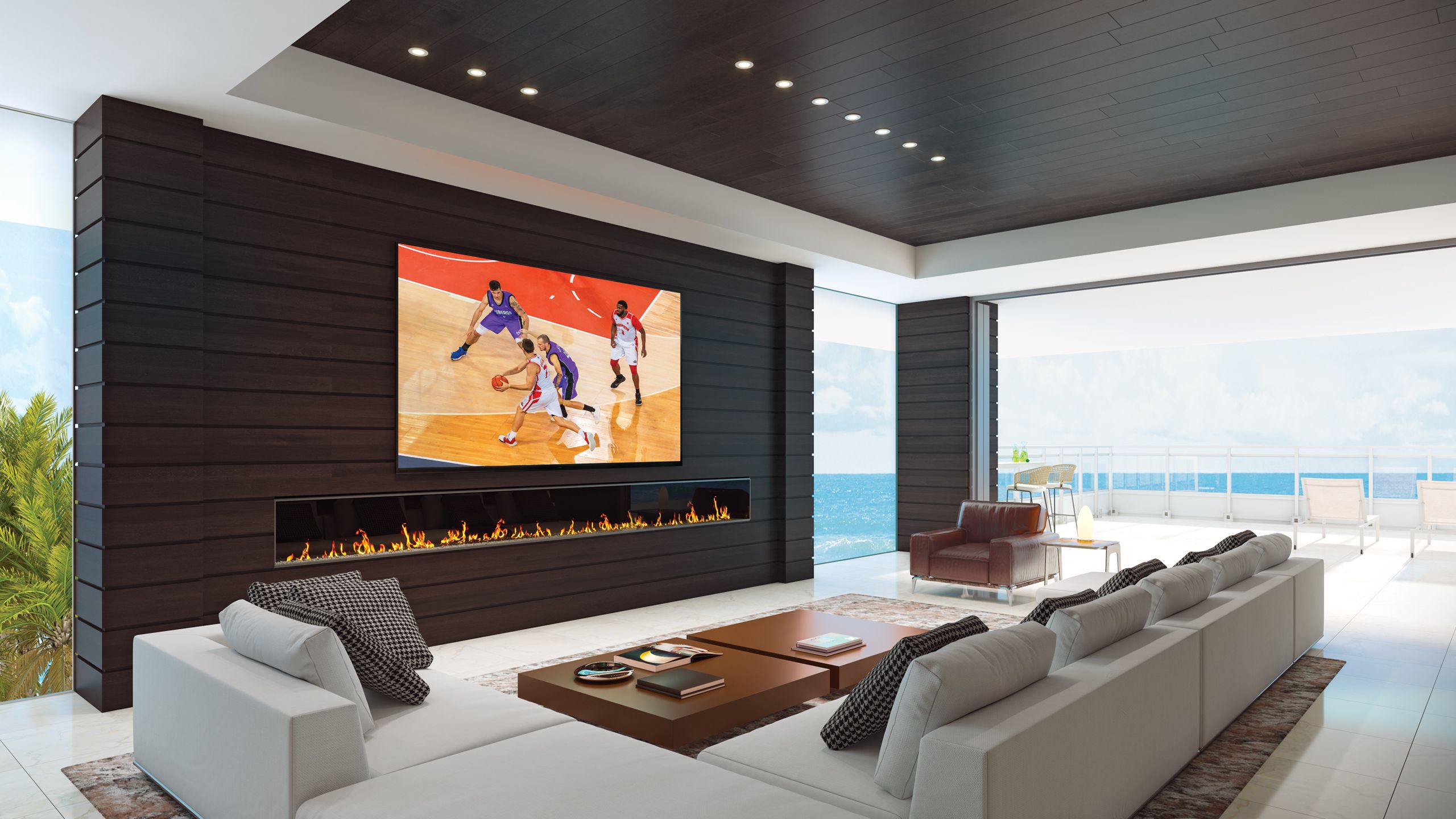 Sony image of basketball game on screen in modern home